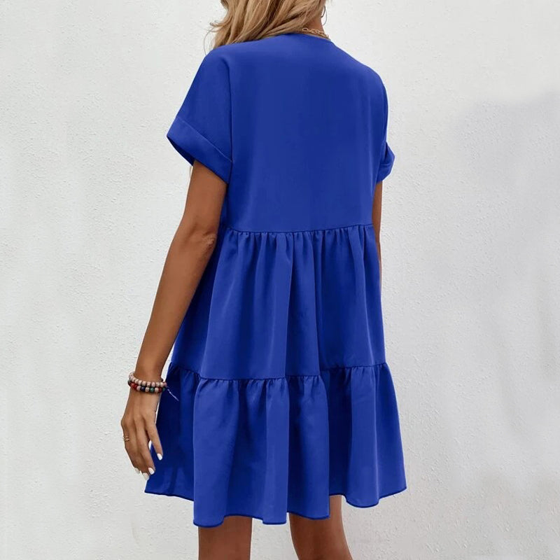 New Short-sleeved V-neck Dress Summer Casual Sweet Ruffled Dresses Solid Color Holiday Beach Dress